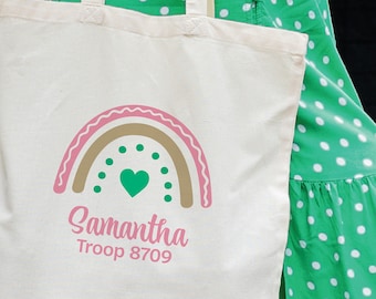 Girl Scout Personalized tote, Rainbow gift bag for Daisy Troops, Personalized Gift bag for scouts Personalized with Name and Troop
