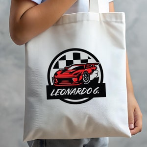 Sac fourre-tout voiture de course personnalisé avec nom, sac d'école de voiture, fourre-tout voiture de course personnalisé pour enfants, sac voiture de course garçon