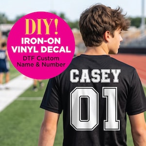 Sports Name and Number Jersey Iron-On: Personalized Varsity Decal, College-Style Heat Transfer Names, Custom Football and Soccer DIY Patch