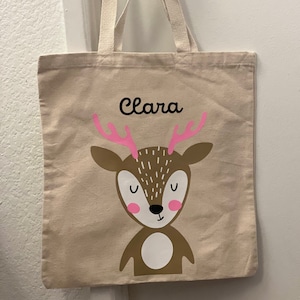 Sac fourre-tout en toile de cerf, cerf bohème mignon pour enfants sur un fourre-tout en toile noire ou beige, sac de maternelle pour enfants bohème personnalisé avec nom