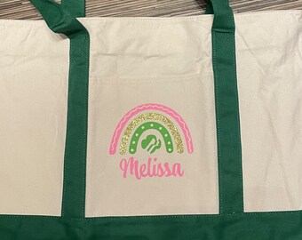 Large Girl Scout Canvas Tote Personalized with Name, Leaders Large Rainbow Scout Bag with Zipper, Boho Rainbow Gift bag for Troops Bridging