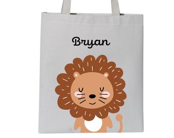 Lion Canvas Tote Bag 15"x16", kids cute boho Lion on black or beige canvas tote, Personalized Children's Kindergarten Bag with Name