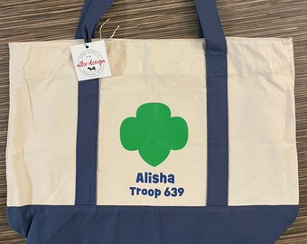 Large Girl Scout Canvas tote w/Trefoil Logo on pocket, Custom GS Tote for Leaders for meetings, camping, custom troop bag w/Name for Gifts