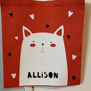 Sac fourre-tout personnalisé chat, fourre-tout durable pour chaton pour la maternelle, sac chat blanc pour l'école avec nom, fourre-tout chat d'école maternelle ou TK