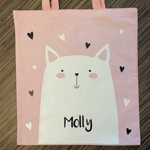 Cat Tote Bag for Kids, Tote with Name for School, Custom White Kitty Bag for Kindergarten or TK Children, Personalized library book bag