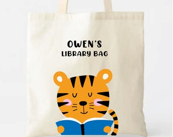 Torba biblioteczna z imieniem, uroczy króliczek lub tygrys, torba na książki dla dzieci, torba do czytania dla przedszkolaków, spersonalizowana torba biblioteczna dla dzieci