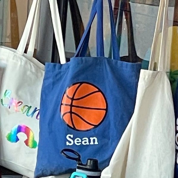 Sports tote with Baseball or Softball, Football bag w/Name for school, Soccer Kindergarten Bag, Personalized Basketball bag for girls & boys