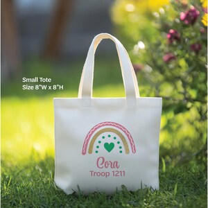 Personalized Girl Scout Canvas Tote Bag: Rainbow Bridging Gift, Matching Scout Troop bags, Cute Custom Rainbow bags for Girl Scout gift Small Tote 8"x8"