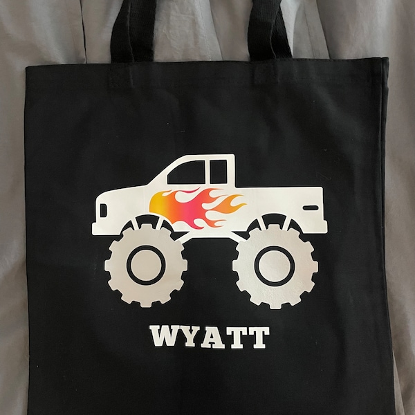 Monster truck with flames tote, Boys canvas bag with Name for school, Custom Kindergarten truck Bag, Personalized Big wheel Truck tote