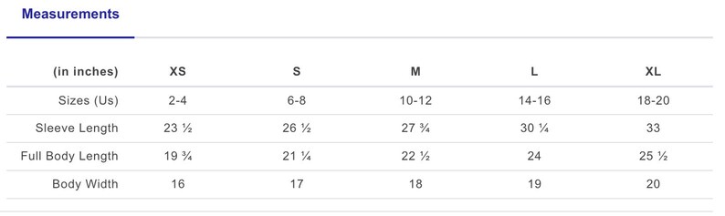 May include: Size chart for a garment with measurements in inches for XS, S, M, L, and XL sizes. The chart shows sleeve length, full body length, and body width.