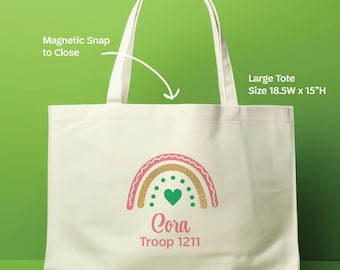 Personalized Girl Scout Tote Bag, Rainbow Canvas Gift Bag, Large Matching Troop bags with Magnetic Snap, Totes for Leader Presents
