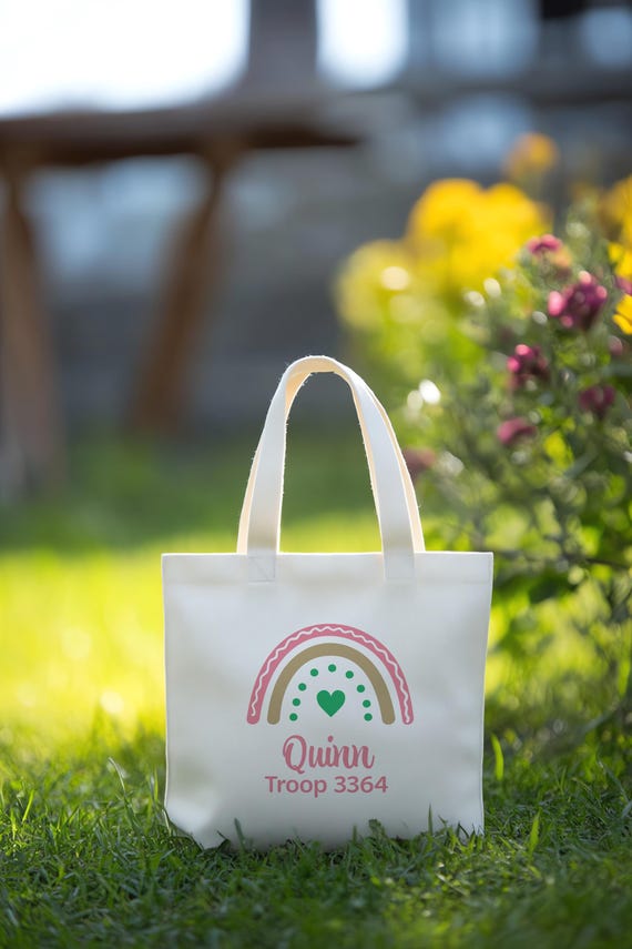 Personalized Girl Scout Canvas Tote Bag: Rainbow Bridging Gift, Matching Scout Troop bags, Cute Custom Rainbow bags for Girl Scout gift