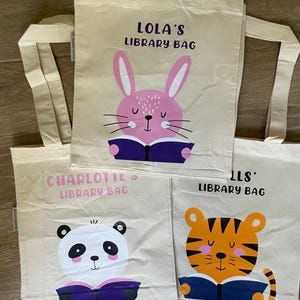 Sac fourre-tout bibliothèque pour tout-petit avec nom, sac lapin personnalisé pour enfants, sac de lecture tigre préscolaire 10 x 12 po, sac de livre personnalisé ours panda