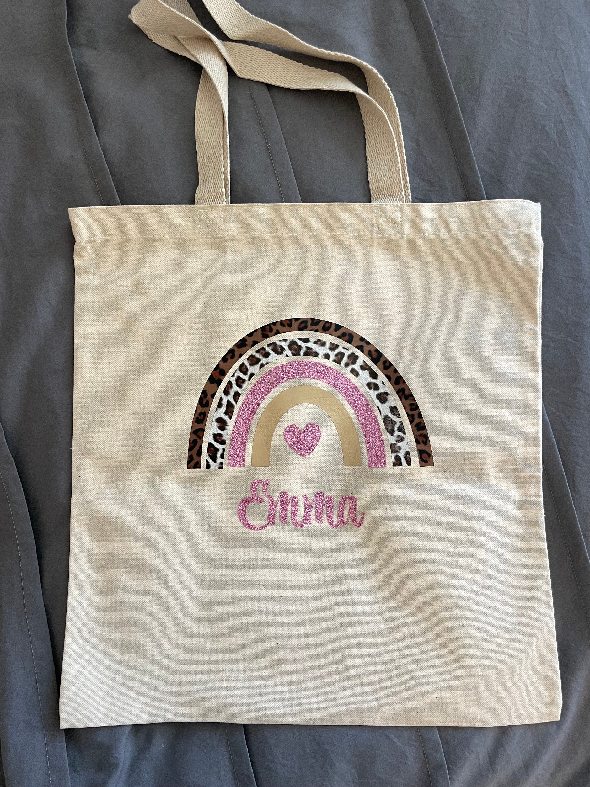 Children's Animal Print tote bag, Glitter Kindergarten Rainbow Tote Personalized with Name, Animal Print Canvas totes for Kids,