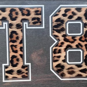 May include: A heat transfer decal featuring the letter T and the number 8 in a varsity block font. Both characters have a brown and black leopard print pattern and are outlined with a thick white border on a clear, transparent backing sheet.