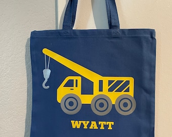 Boys Construction totes with Name for school, Custom Kindergarten Dump Truck Bag, Personalized Cement bag, Crane Truck tote for Toddler Boys