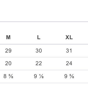 May include: Size chart showing measurements in inches for a garment in sizes XS to 5XL. Measurements include full body length, body width, and sleeve length.