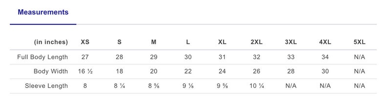 May include: Size chart showing measurements in inches for a garment in sizes XS to 5XL. Measurements include full body length, body width, and sleeve length.