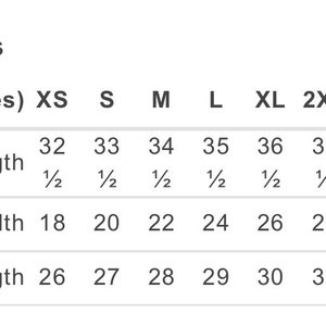 May include: A size chart showing measurements in inches for a garment. The chart includes sizes XS through 5XL and measurements for sleeve length, body width, and body length.