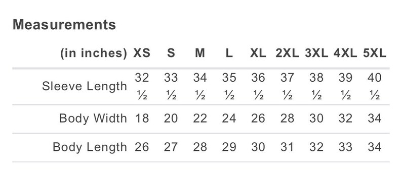 May include: A size chart showing measurements in inches for a garment. The chart includes sizes XS through 5XL and measurements for sleeve length, body width, and body length.
