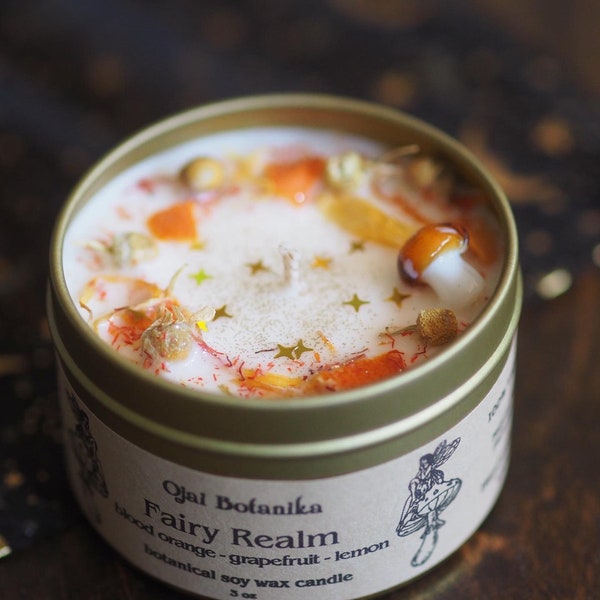 Fairy Realm - Handmade Soy Candle - Blood Orange - Cottagecore, Fairycore, Mushroom, Witchy Gift | 3oz Gold Tin | 8oz Amber Glass Jar