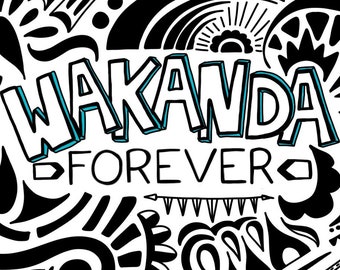 18x29 Wakanda Forever!!! Black Panther Movie Poster Art in Black and White Hand Drawn Art for Home
