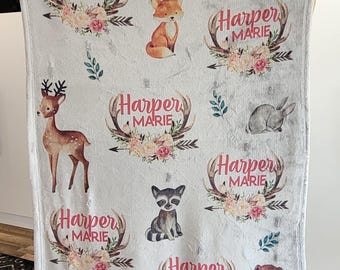 Floral Woodland Animals Name Blanket