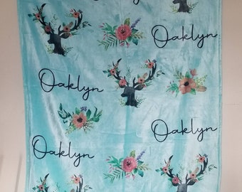 Floral Deer Antlers Name Blanket
