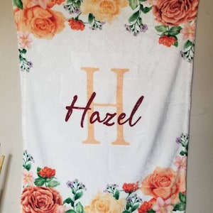 Pink Floral Border Monogram Name Blanket