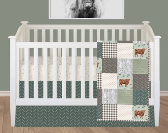 Highland Cow Crib Bedding Set in Dark Green, Mint Green, Gray, Cream - Baby Quilt, Crib Sheet, Crib Skirt Boy