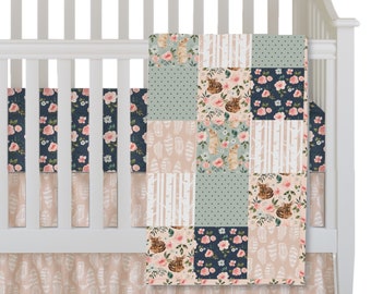 Girls Vintage Woodland Crib Bedding with Deer & Bunnies in Mint, Navy and Shell Pink - Patchwork Crib Quilt, Crib Sheet, Crib Skirt