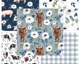 Farm Baby Bedding Blue Floral Crib Sheet Minky Baby Blanket Cow, Pig, Chicken Quilt Changing Pad Cover Curtain Panel Toddler Set