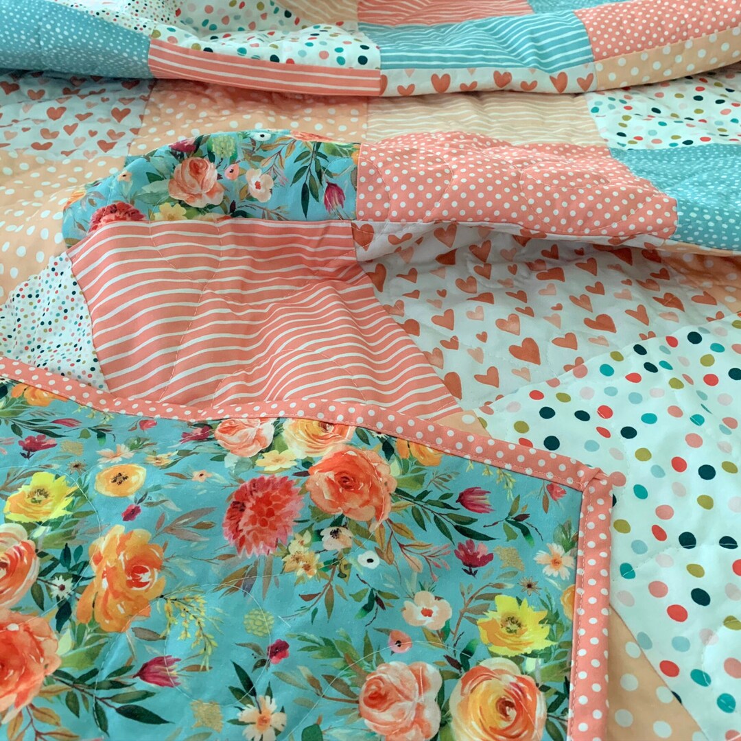 Girls Coral Blue Peach Floral Crib Quilt Crib Bedding Crib Etsy