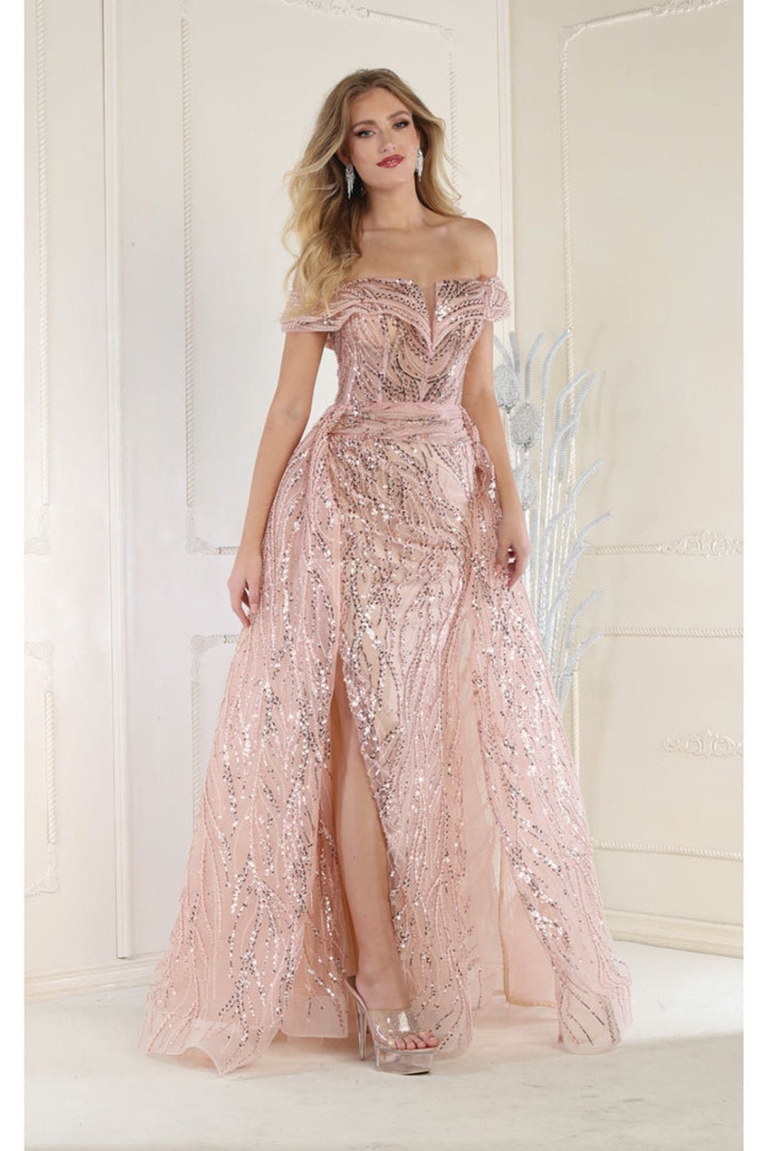 strapless open back dress Zapaka Women Pink Mother Wedding Dress Lace Round Neck Ruched Long Sleeves Mother of The Bride Dress, Pink / US2 main image 0