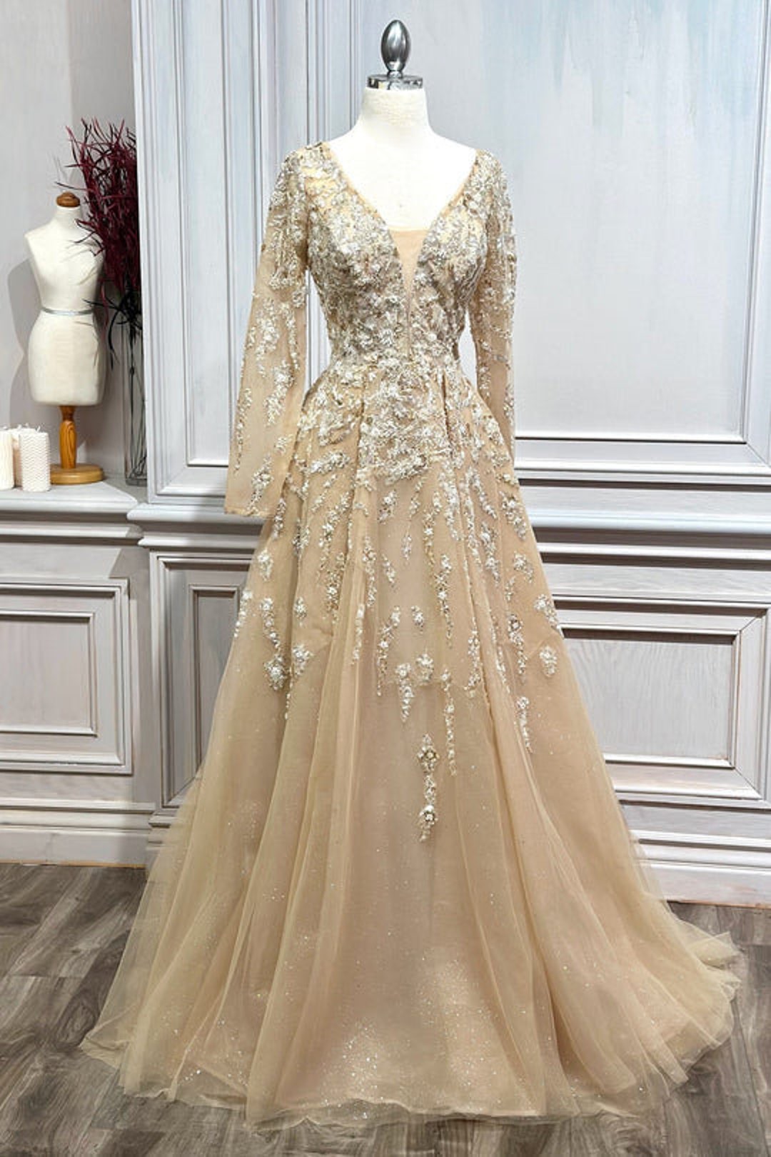 A Line Long Sleeve Formal Mother of the Bride Dress/champagne Gold ...
