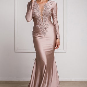 Rose long sleeve mother of the bride dress/Floor length mother of the groom gown/Embellished formal evening bridesmaid fit and flare gown