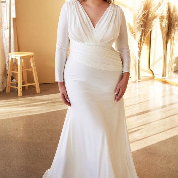 Plus size stretch satin bridal gown/off white wedding dress/Beach destination wedding dresses/church ceremony military ball/Gala formal