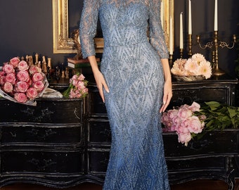 A  Long blue mother of the bride/Mermaid 3/4 sleeve diamond pattern mother of the groom/ Embellished formal bridesmaids evening patterned