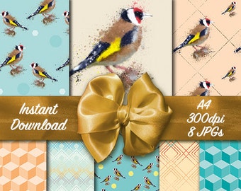Gold Finch Pattern Digital Paper Pack 8 x A4 Printable Backgrounds Craft Card Making Instant Download Free PNG bird