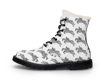 Zentangle Hand Drawn Leaping Horse Pattern Boots: Vegan Fleece Lined Winter Snow Boots