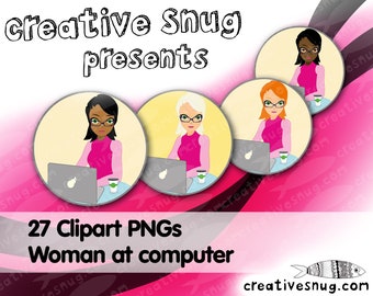 27 x Business Woman Clipart Working on Desktop with a Laptop 300dpi PNGs - Commercial Use