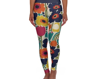 Leggings retro florales de talle alto para yoga / Leggings de flores vintage coloridos AOP