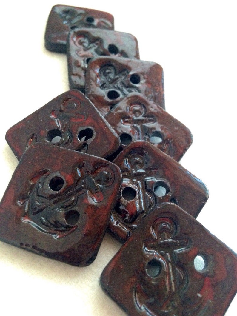 Square handmade ceramic Anchor buttons dark burgundy Red Etsy