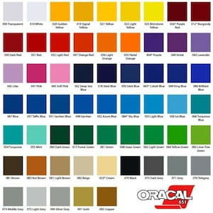 May include: A colour chart featuring 100 different colours, including red, blue, green, yellow, and black. The chart is labelled with the Oracal 651 logo.