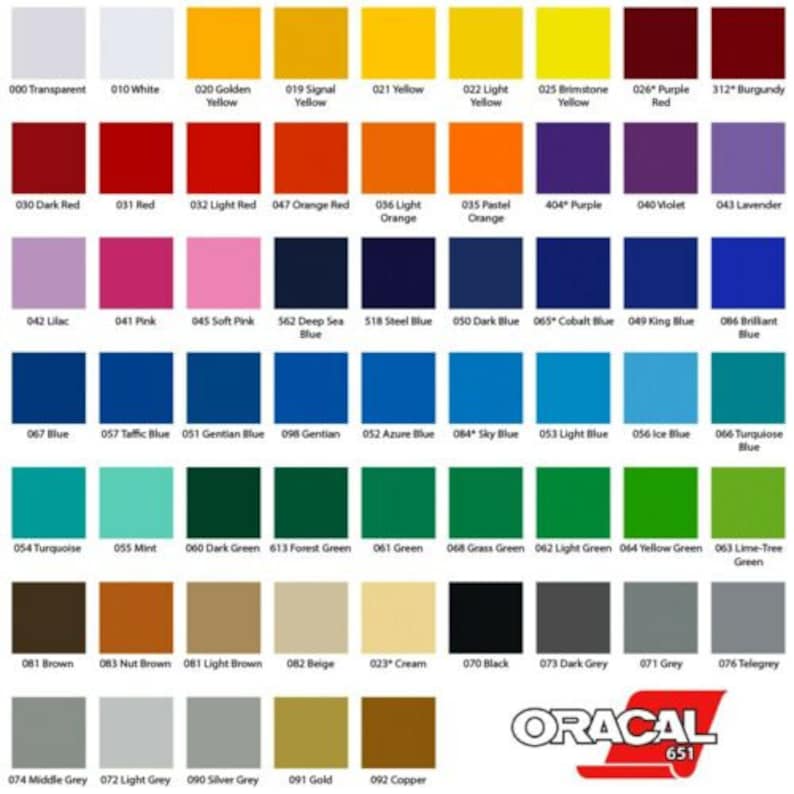 May include: A colour chart displaying 100 different colours, including red, blue, green, yellow, and black. The chart is labelled with the Oracal 651 logo.