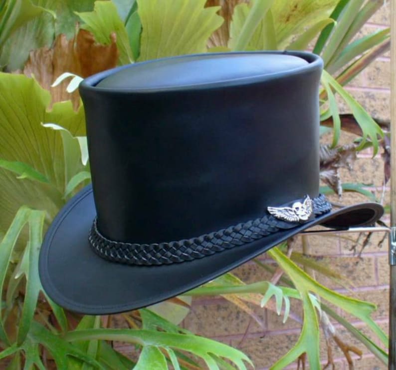 Black Leather Victorian Steampunk Gothic Emo Style Top - Australian Leather Hat Bands Black Leather Victorian Steampunk Gothic Emo Style Top - Australian Leather Hat Bands