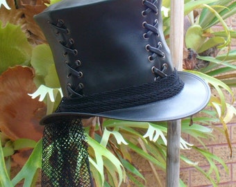 Black leather Ladies&#39; corseted Goth Steampunk Top Hat w. black veil netting