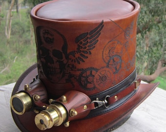 Brauner Leder Steampunk Zylinder mit goldener Fliegerbrille