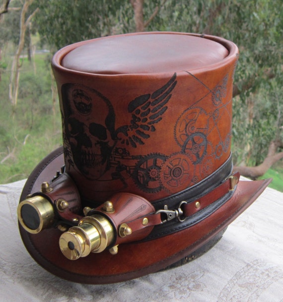 Brown Leather Custom Hand Etched Steampunk Top Hat With  display picture 1