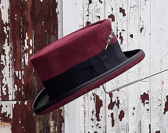 Burgundy Suede Leather Dr Sleep Rose the Hat - Steven King Cult Movie Tribute Hat Vintage style with gorgeous Hat Pin